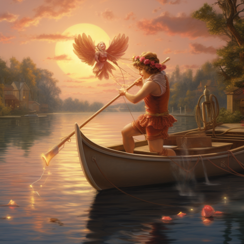 Realistic Cupid Fireman Shooting Love Arrow on Boat Lake