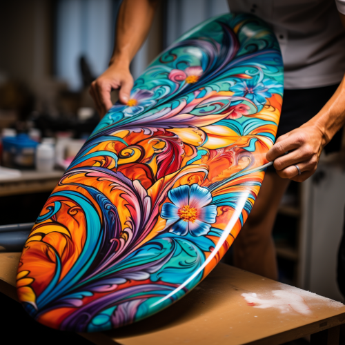 Custom surfboard with vibrant fiberglass artwork
