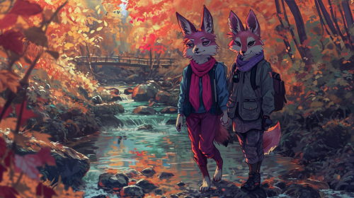 Cute Anthro Female Wolf and Bunny Walking in Forest