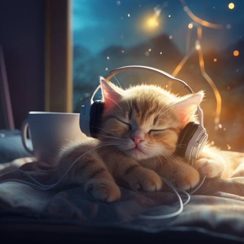 Cute cat sleeping with earphones and smartphone