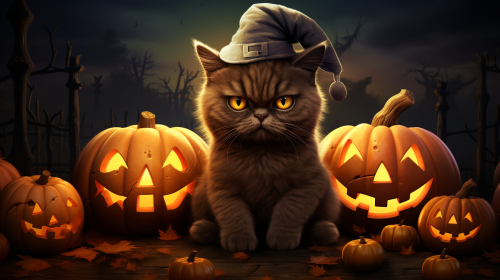 Adorable cat surrounded by pumpkins