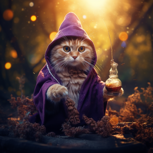 Cute cat in wizard costume creating purple potion Cute cat in wizard costume creating purple potion