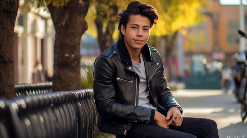 Young Colombian boy sitting in a sunny town square