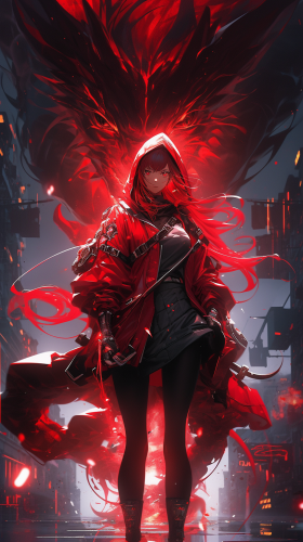 Cyberpunk female warrior with red hair and dragon
