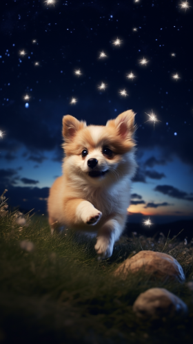 Cute dog running in vibrant night sky Cute dog running in vibrant night sky