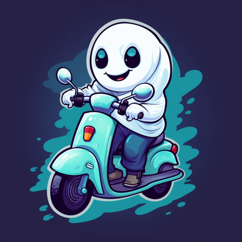 Cute funny cartoon ghost on scooter
