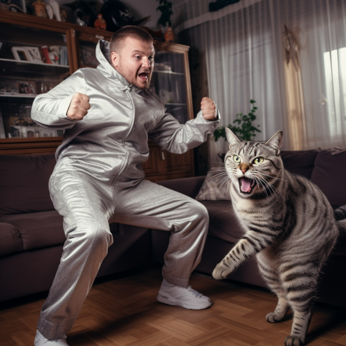 Grey tabby cat fighting with young adult