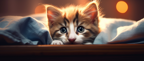 Cute kitten and dog peeking over and looking at camera