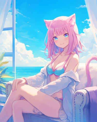 Cute Neko Woman Sitting Sofa