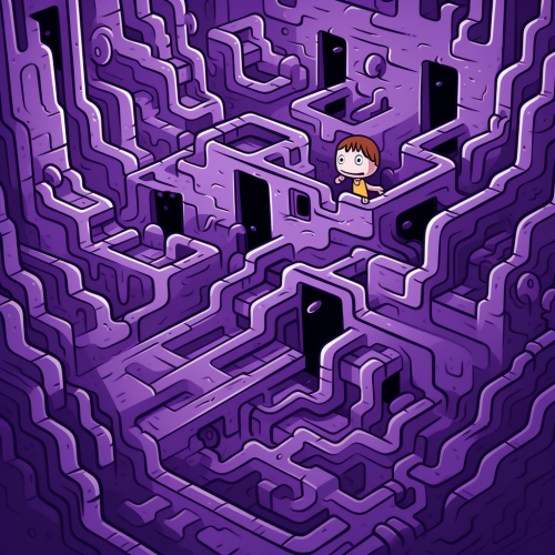 Cute purple comic character in maze