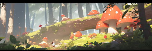 Lush landscape with red mushrooms