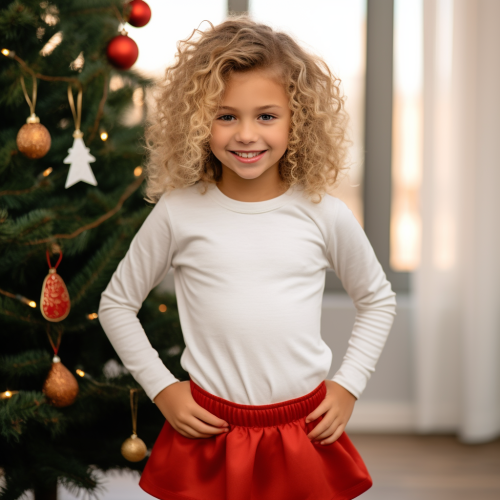 Smiling girl in front of Christmas tree