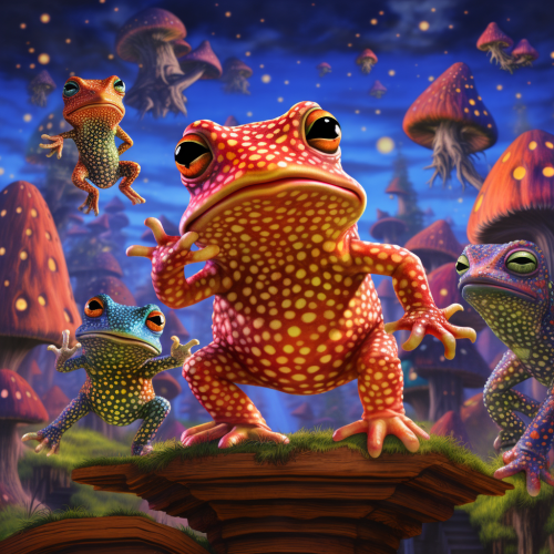 Cute toads dancing on psychedelic world