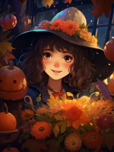 Beautiful Cute Witch with Magical Flowers