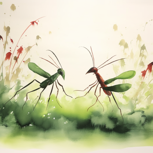 Cute mantis boxing in foggy morning