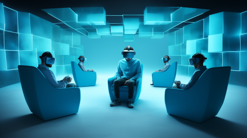 Four people wearing VR headsets in cyan-themed room