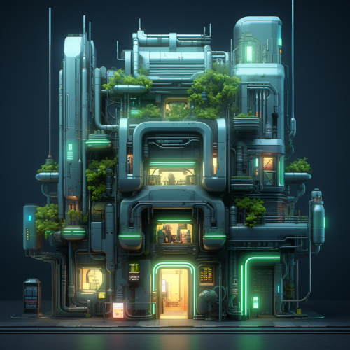 Detailed cyber city apartment entrance facade