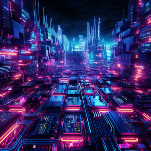 Cyber Neon Color Background with Wire Cable Printed Circuit Electronic