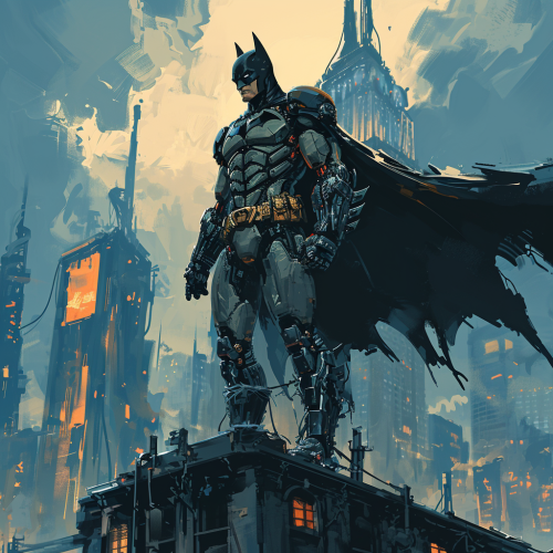 Batman with Cybernetic Arm atop City Building