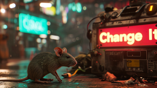 Illustration of a cybernetic rat interacting with modular tech
