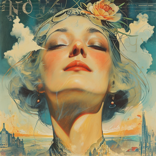 Cheerful cybernetic woman on 1920s folk album cover