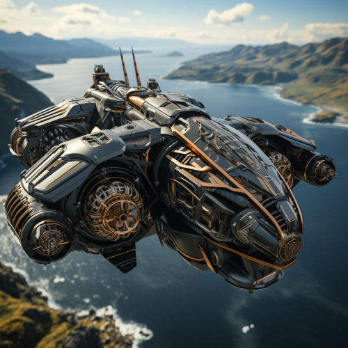 Side view of black hoverbike hovering over ocean