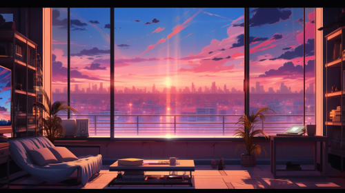 Cyberpunk condo overlooking beach at golden hour