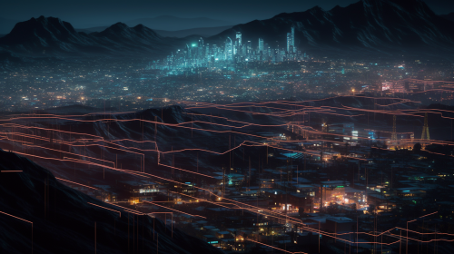 Surreal cyberpunk stock market in electric desert