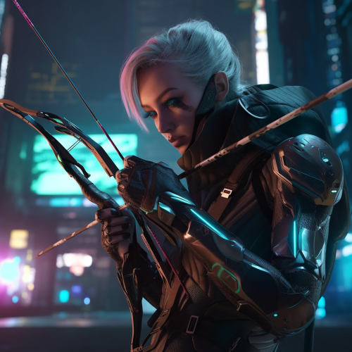 Cyberpunk female archer hunting in futuristic setting