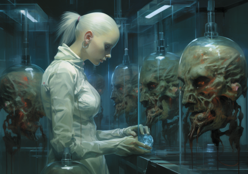 Cyberpunk laboratory human experiment with open skulls Cyberpunk laboratory human experiment with open skulls