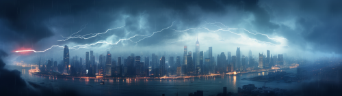 Panoramic view of cyberpunk megacity during thunderstorm Panoramic view of cyberpunk megacity during thunderstorm