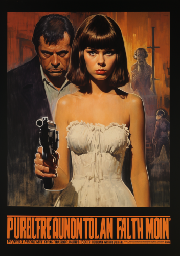 Cyberpunk pulp fiction poster with introspective vibes