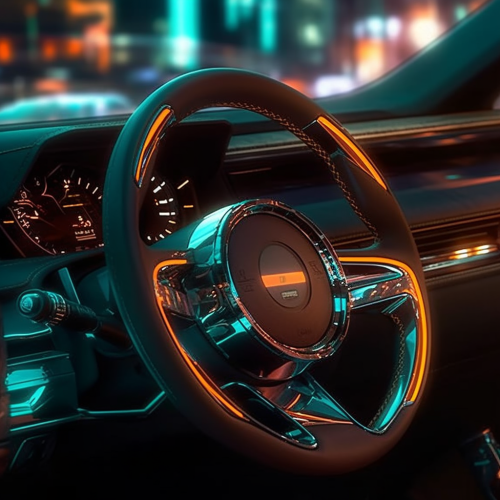 Closeup of Cyberpunk Teal Lights on Steering Wheel