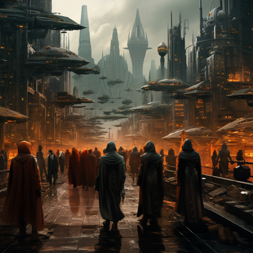 Monks marching through Cyberpunk Utopia