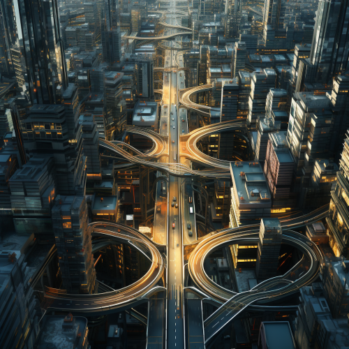 Aerial view of futuristic cyberpunk city