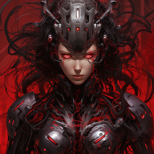 Detailed image of a red, aggressive cyborg goddess