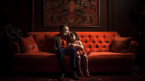 Happy dad and child bonding on sofa