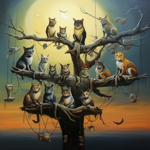 Beautiful cats in a surreal tree