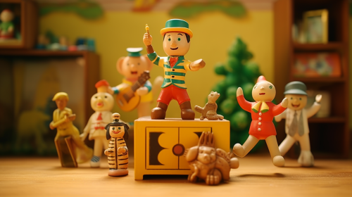 Wooden soldier and stuffed animals dancing in chest