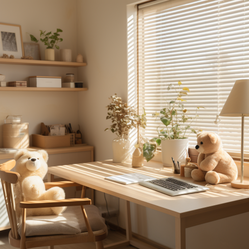 Minimalist Danish designer desk with sunray blinds and lighting