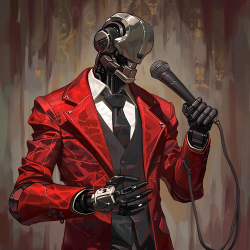 Warforged in red suit with mic