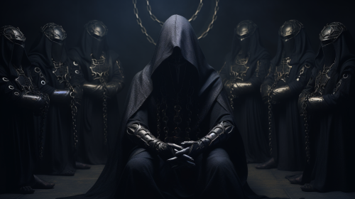 Dark cult ritual circle with metal armor fantasy art