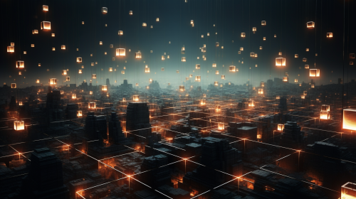 Glowing interconnected nodes in dark cyber realm