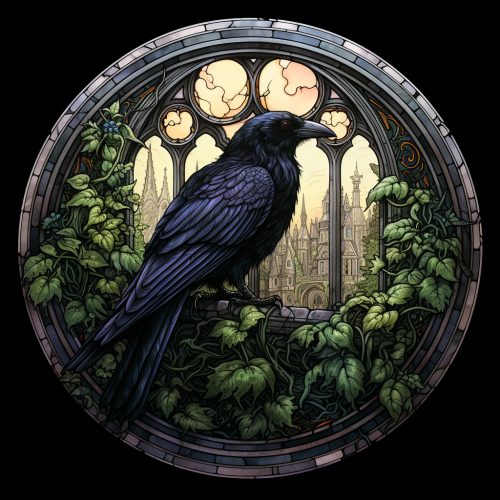 Gothic Crow Perched in Medieval Window