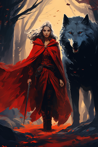 Giant black wolf and warrior woman in dark fantasy forest