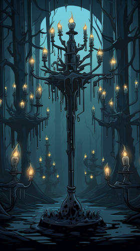 Mysterious forest with floating candelabras Mysterious forest with floating candelabras