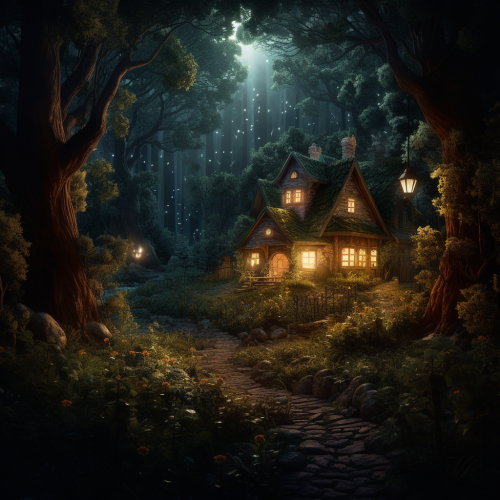 Nighttime Forest Cottage with Lights