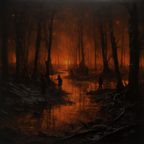 Dark oil painting of cult in forest