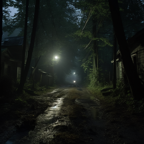 Film scene in dark shady lane