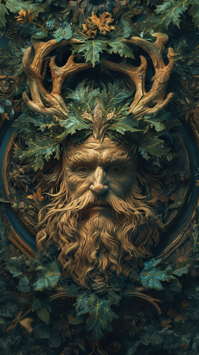 Dark Synth Celtic Bearded Cernunnos Green Man Round Mandala